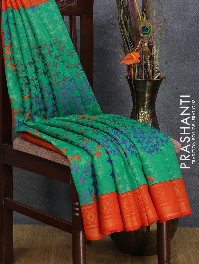 Brasso saree teal green and rustic orange with allover geometric weaves and woven border - {{ collection.title }} by Prashanti Sarees
