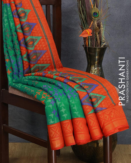 Brasso saree teal green and rustic orange with allover geometric weaves and woven border - {{ collection.title }} by Prashanti Sarees