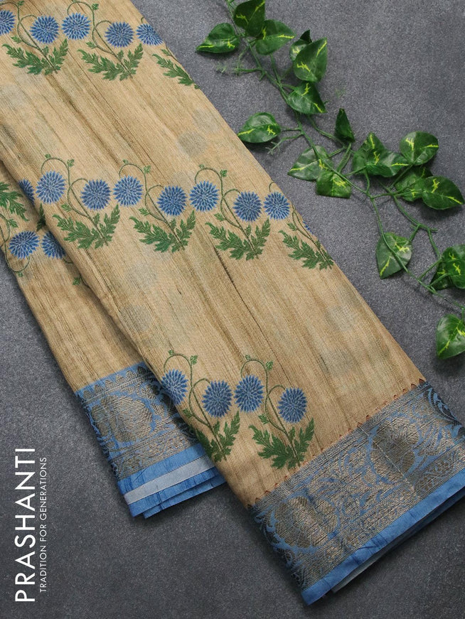 Chappa saree beige and blue shade with allover floral prints and banarasi style border - {{ collection.title }} by Prashanti Sarees