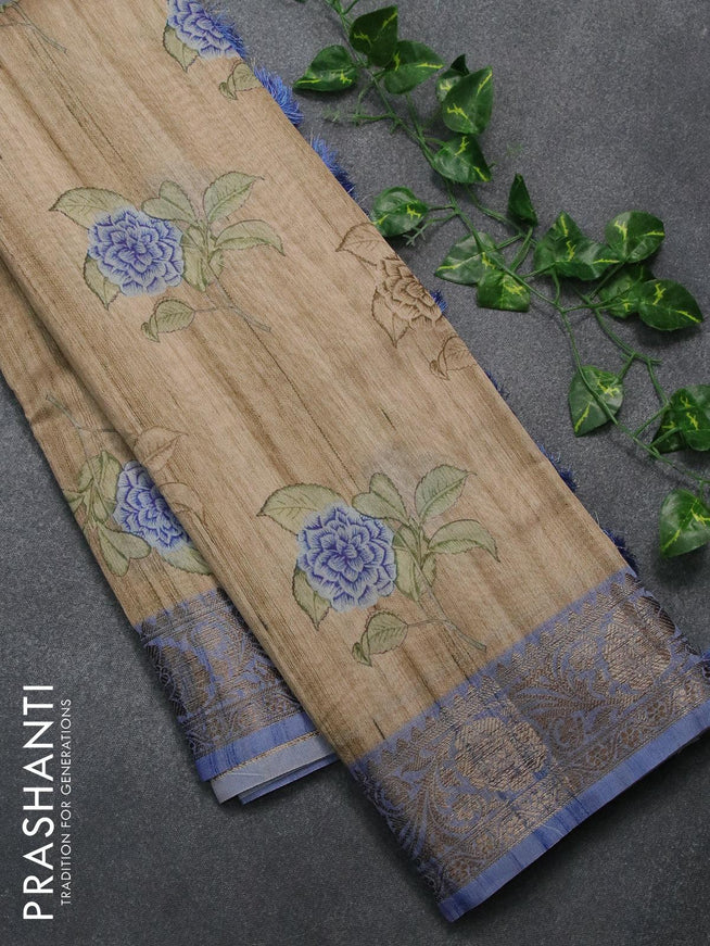 Chappa saree beige and blue shade with floral butta prints and banarasi style border - {{ collection.title }} by Prashanti Sarees