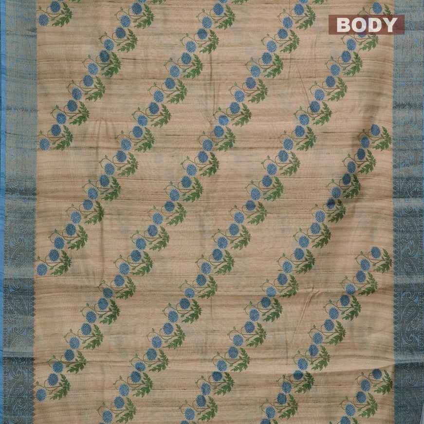 Chappa saree beige and blue with allover floral prints and banarasi style border - {{ collection.title }} by Prashanti Sarees