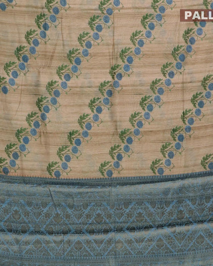 Chappa saree beige and blue with allover floral prints and banarasi style border - {{ collection.title }} by Prashanti Sarees