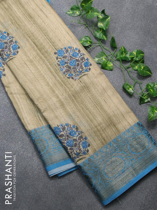 Chappa saree beige and blue with floral butta prints and banarasi style border - {{ collection.title }} by Prashanti Sarees