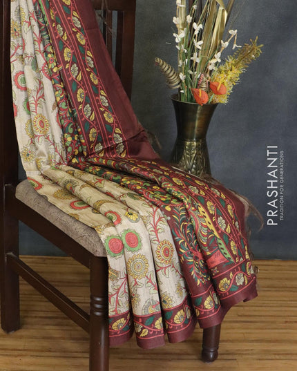 Chappa saree beige and deep maroon with allover floral prints and printed border - {{ collection.title }} by Prashanti Sarees