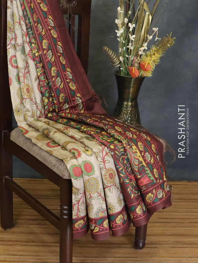 Chappa saree beige and deep maroon with allover floral prints and printed border - {{ collection.title }} by Prashanti Sarees