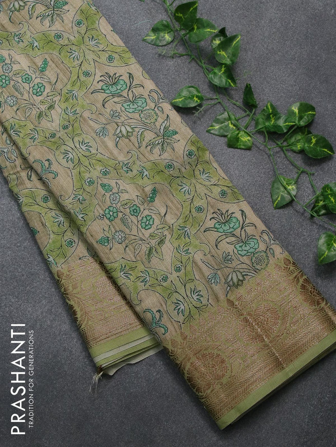 Chappa saree beige and green shade with allover floral prints and banarasi style border - {{ collection.title }} by Prashanti Sarees