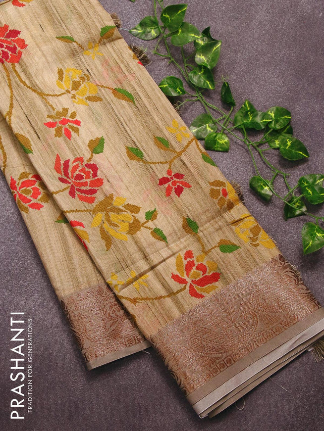 Chappa saree beige and grey with allover floral prints and banarasi style border - {{ collection.title }} by Prashanti Sarees