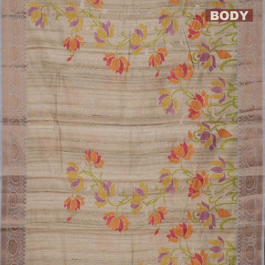 Chappa saree beige and grey with allover floral prints and banarasi style border - {{ collection.title }} by Prashanti Sarees