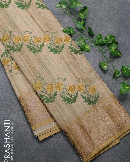 Chappa saree beige and khaki shade with allover floral prints and banarasi style border - {{ collection.title }} by Prashanti Sarees