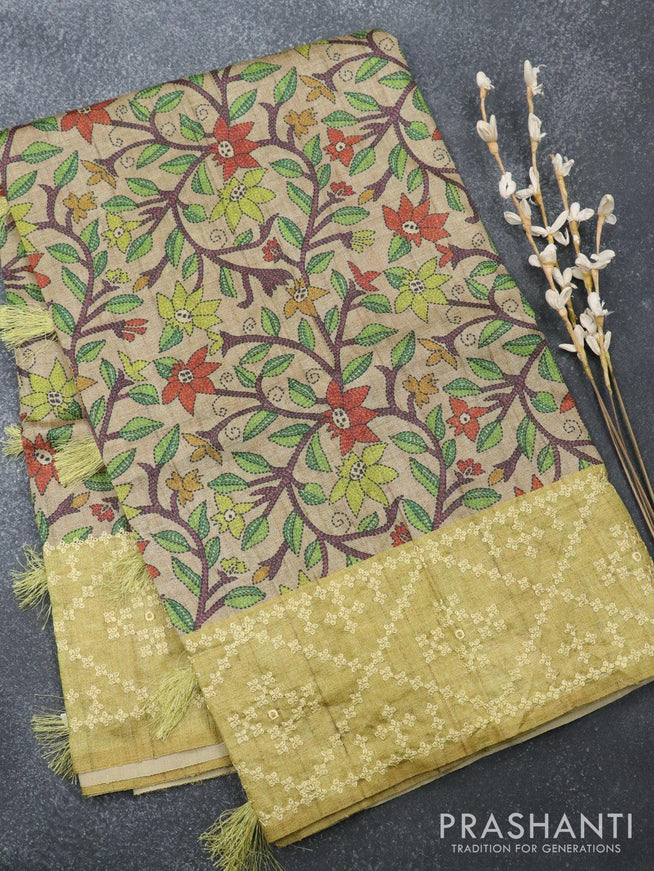Chappa saree beige and lime yellow with allover prints and embroided border - {{ collection.title }} by Prashanti Sarees