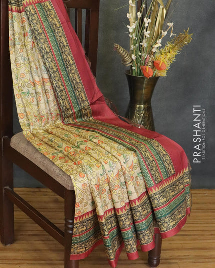 Chappa saree beige and maroon with allover kalamkari prints and printed border - {{ collection.title }} by Prashanti Sarees
