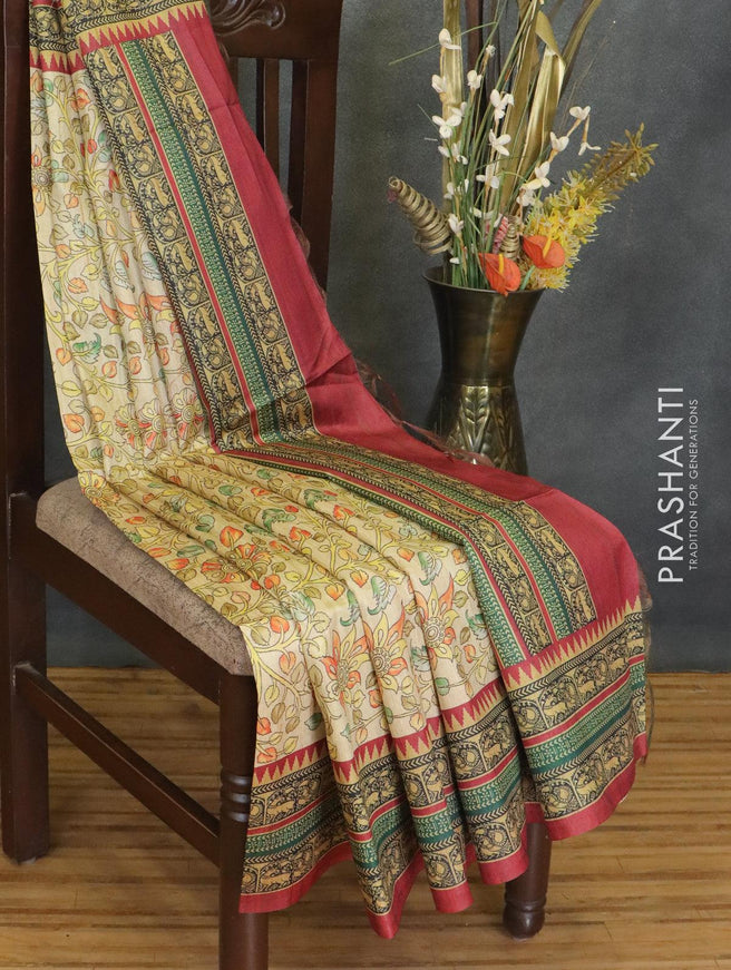 Chappa saree beige and maroon with allover kalamkari prints and printed border - {{ collection.title }} by Prashanti Sarees