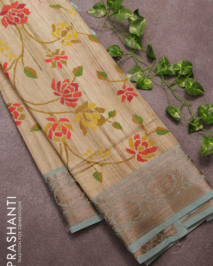 Chappa saree beige and pastel blue with allover floral prints and banarasi style border - EDB0221-1 - {{ collection.title }} by Prashanti Sarees