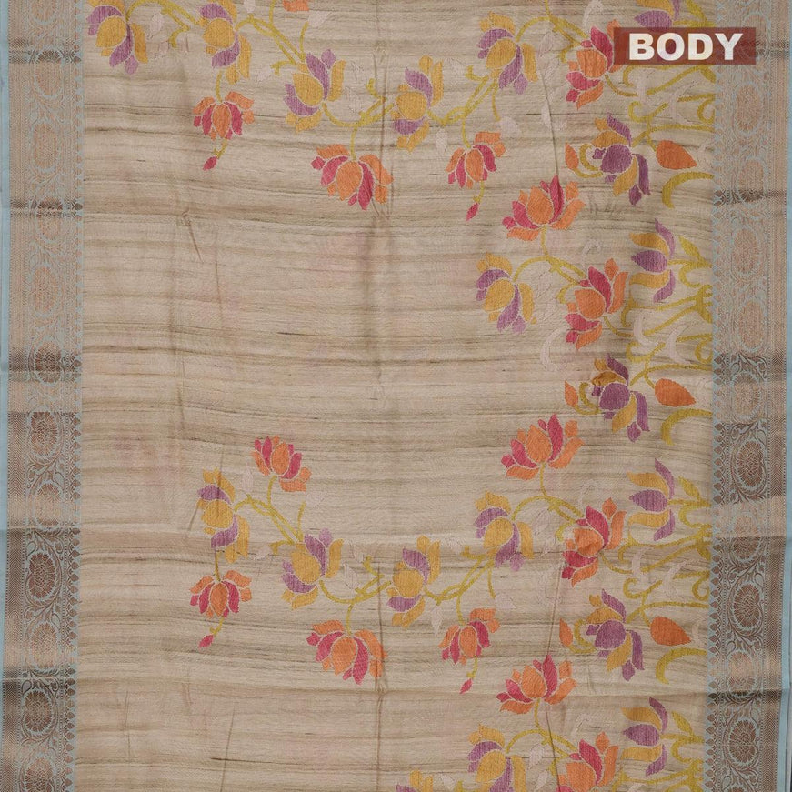 Chappa saree beige and pastel blue with allover floral prints and banarasi style border - {{ collection.title }} by Prashanti Sarees