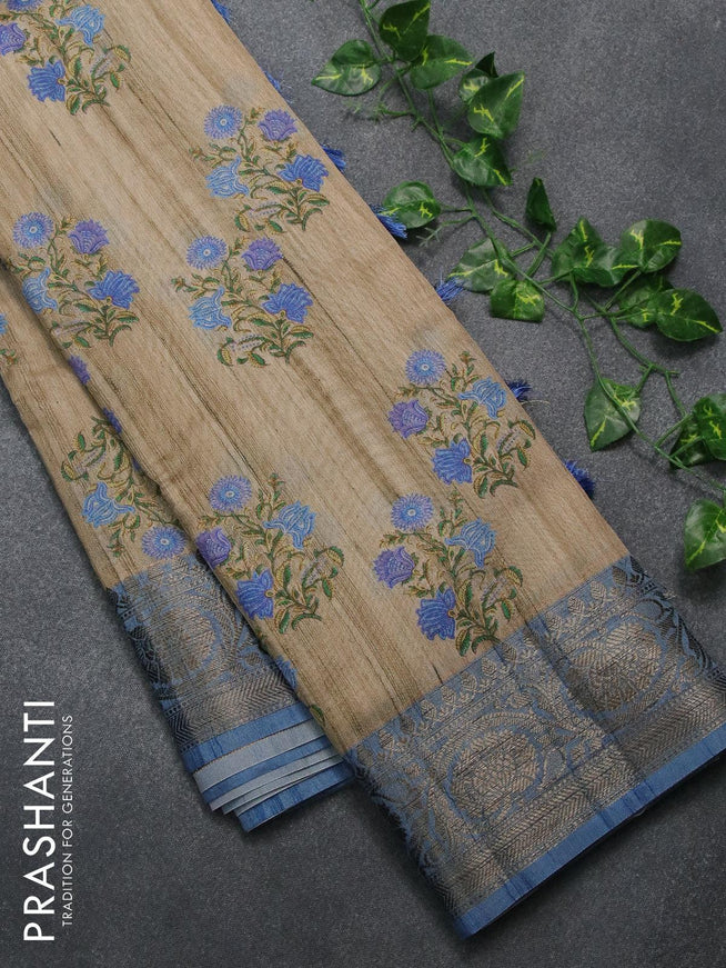 Chappa saree beige and pastel blue with floral butta prints and banarasi style border - {{ collection.title }} by Prashanti Sarees