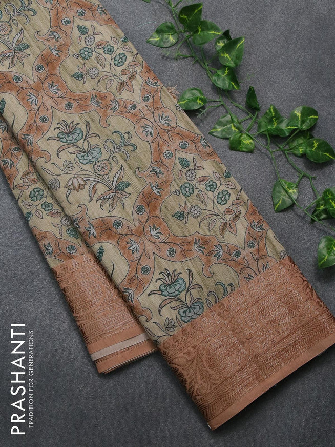 Chappa saree beige and pastel brown with allover floral prints and banarasi style border - {{ collection.title }} by Prashanti Sarees