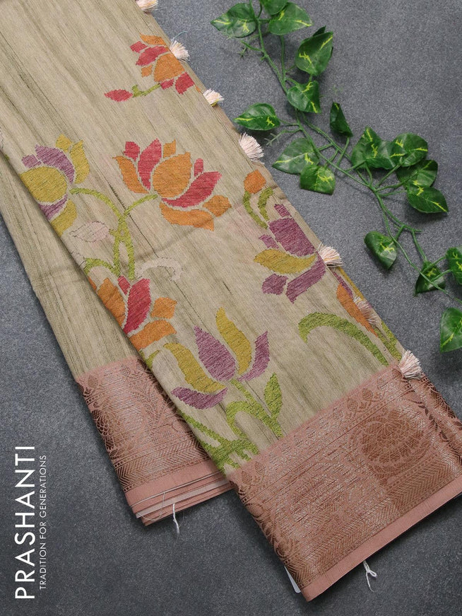 Chappa saree beige and pastel peach with allover floral prints and banarasi style border - {{ collection.title }} by Prashanti Sarees