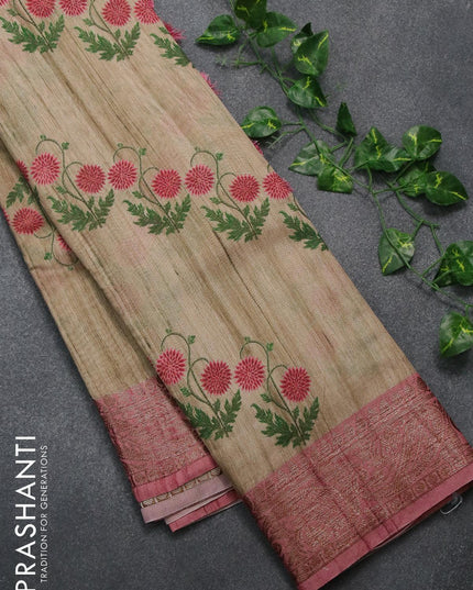 Chappa saree beige and pastel pink with allover floral prints and banarasi style border - {{ collection.title }} by Prashanti Sarees