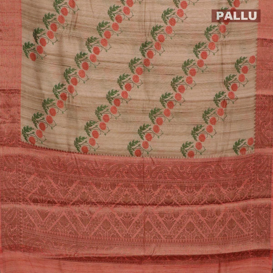 Chappa saree beige and peach orange with allover floral prints and banarasi style border - {{ collection.title }} by Prashanti Sarees