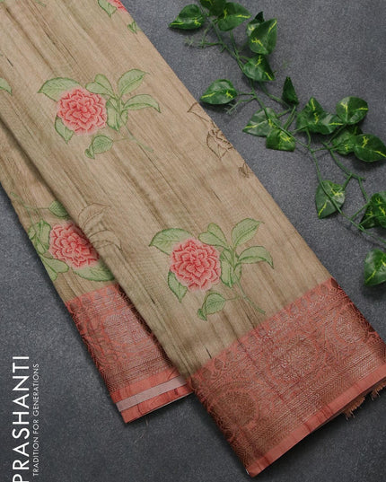 Chappa saree beige and peach orange with floral butta prints and banarasi style border - {{ collection.title }} by Prashanti Sarees