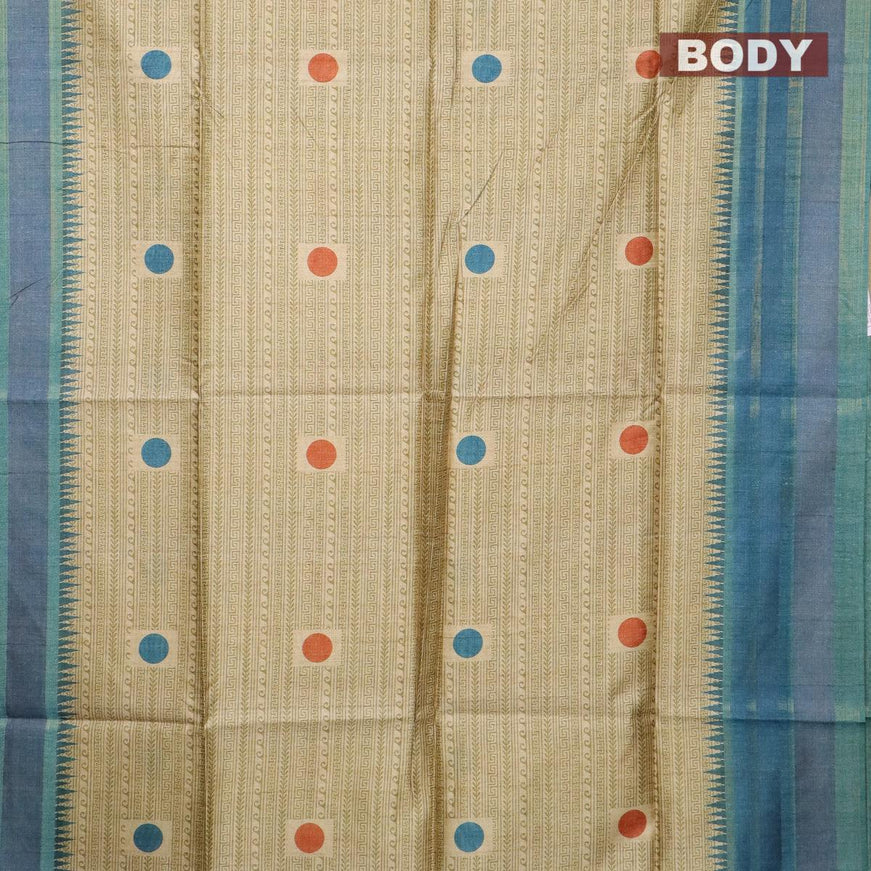 Chappa saree beige and peacock blue with allover prints and temple design simple zari border - {{ collection.title }} by Prashanti Sarees
