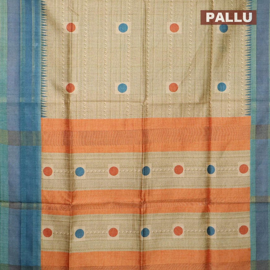 Chappa saree beige and peacock blue with allover prints and temple design simple zari border - {{ collection.title }} by Prashanti Sarees