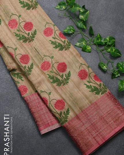 Chappa saree beige and pink shade with allover floral prints and banarasi style border - {{ collection.title }} by Prashanti Sarees