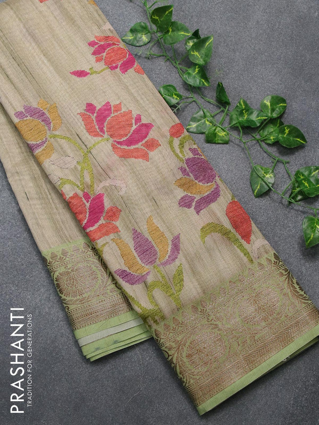 Chappa saree beige and pista green with allover floral prints and banarasi style border - {{ collection.title }} by Prashanti Sarees