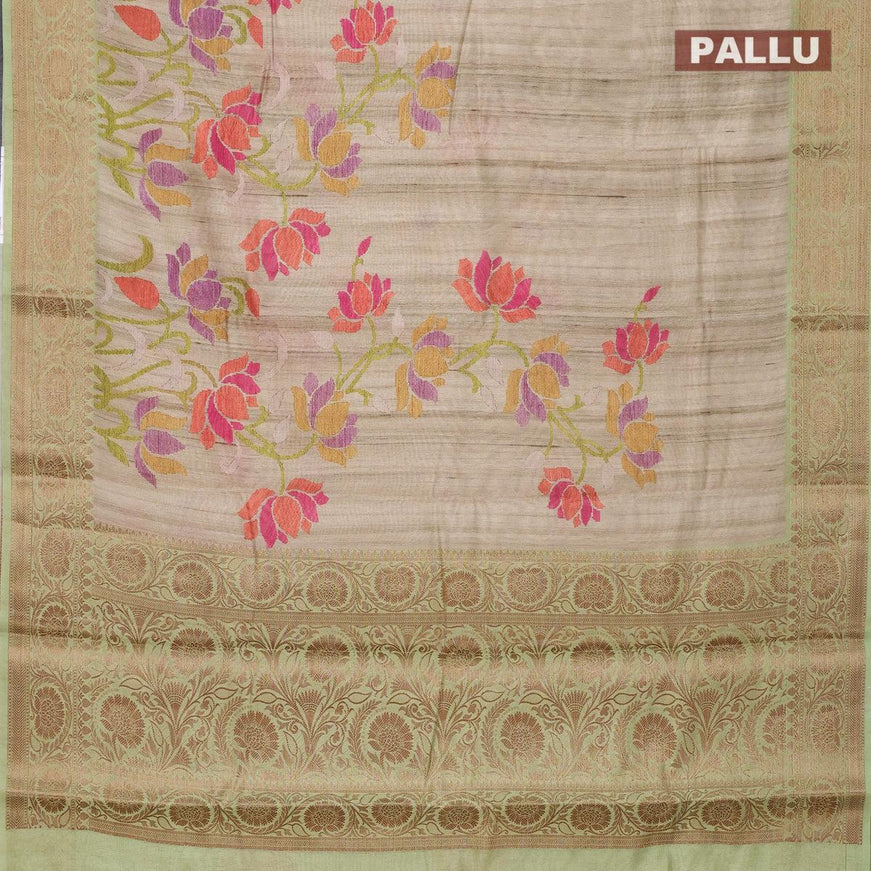 Chappa saree beige and pista green with allover floral prints and banarasi style border - {{ collection.title }} by Prashanti Sarees