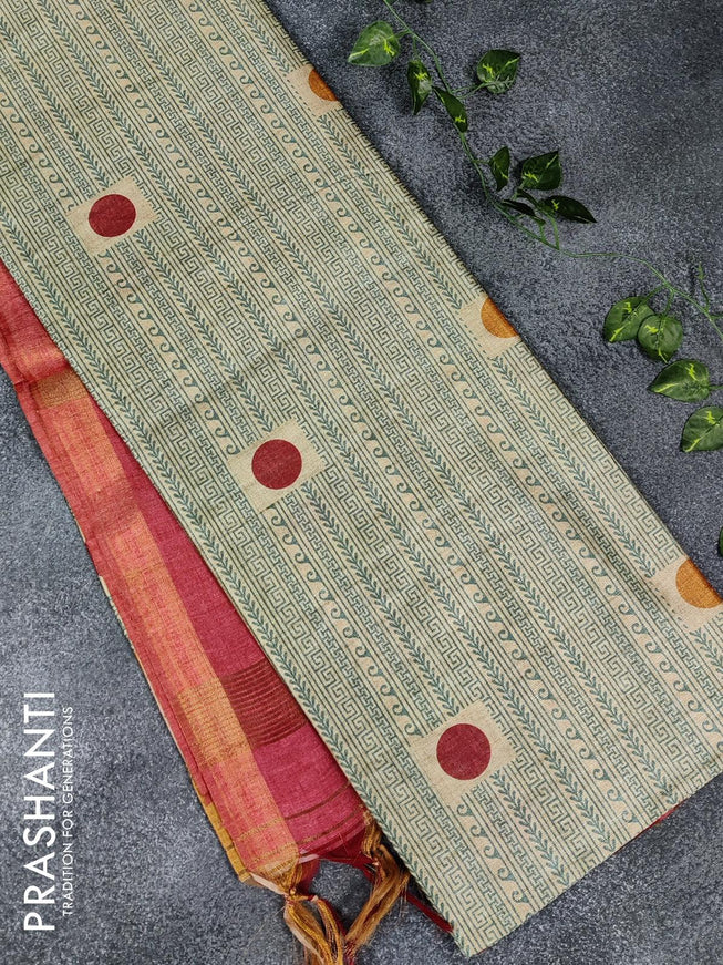 Chappa saree beige and red shade with allover prints and temple design simple zari border - {{ collection.title }} by Prashanti Sarees