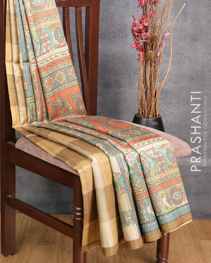 Chappa saree beige mustard green and orange with allover zari weave & prints and simple border - {{ collection.title }} by Prashanti Sarees