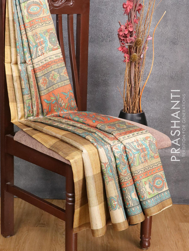 Chappa saree beige mustard green and orange with allover zari weave & prints and simple border - {{ collection.title }} by Prashanti Sarees