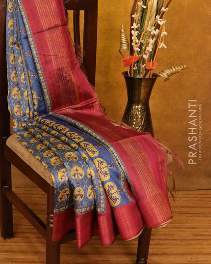 Chappa saree blue and magenta with allover prints and zari woven border - {{ collection.title }} by Prashanti Sarees