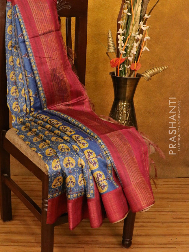 Chappa saree blue and magenta with allover prints and zari woven border - {{ collection.title }} by Prashanti Sarees