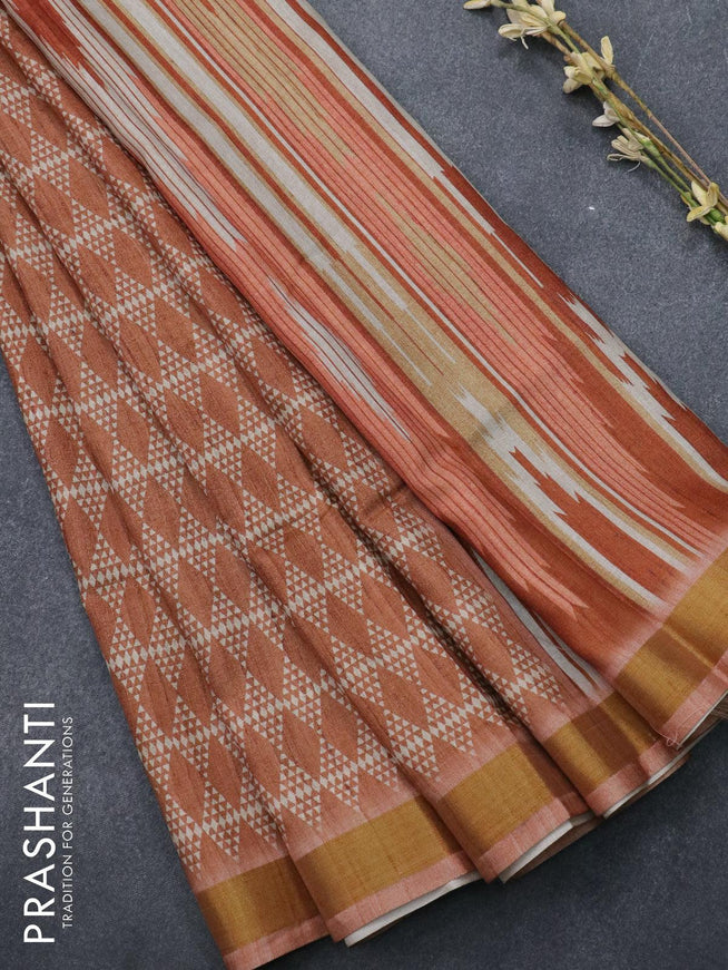 Chappa saree brown shade with allover geometric prints and zari woven border - {{ collection.title }} by Prashanti Sarees