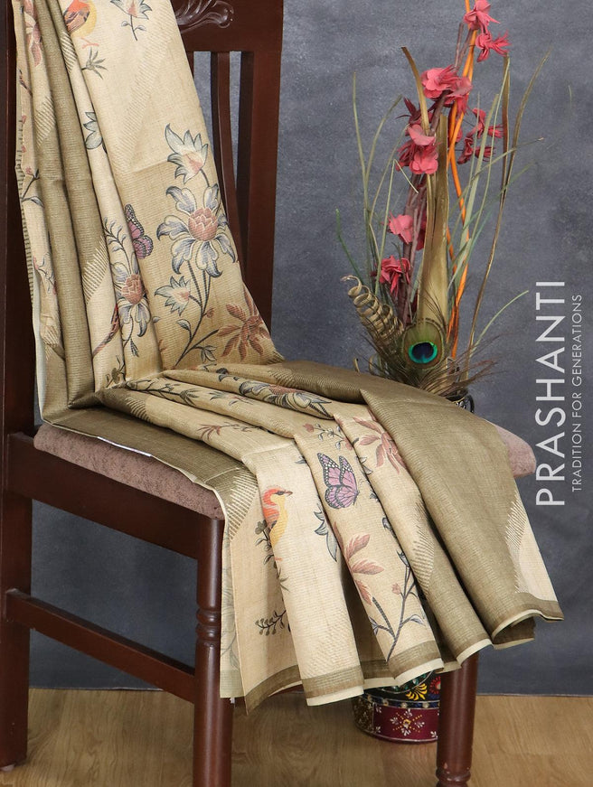 Chappa saree cream and dark olive green with allover zari weave & floral prints and simple border - {{ collection.title }} by Prashanti Sarees