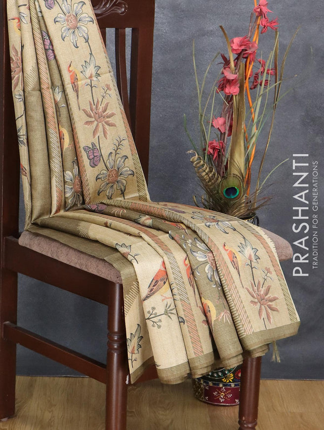 Chappa saree cream and dark olive green with allover zari weave & floral prints and simple border - {{ collection.title }} by Prashanti Sarees