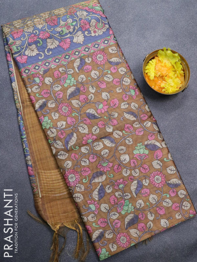 Chappa saree dark mustard and blue with allover kalamkari prints and zari woven border - {{ collection.title }} by Prashanti Sarees