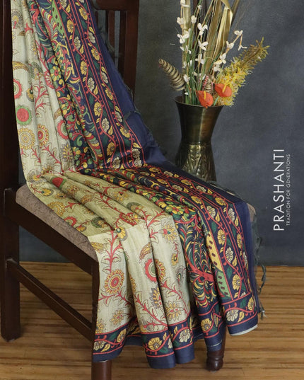 Chappa saree elaichi green and navy blue with allover floral prints and printed border - {{ collection.title }} by Prashanti Sarees