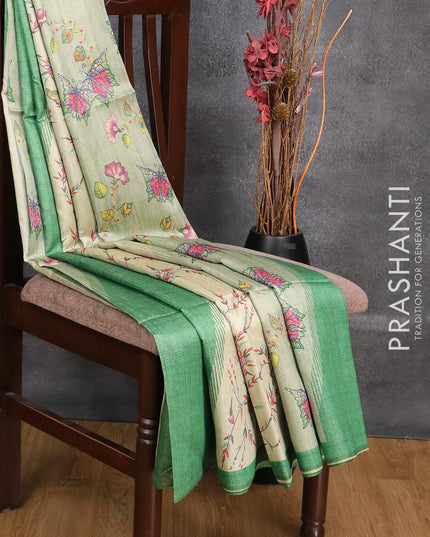 Chappa saree green and beige with allover zari weave & floral prints and simple border - {{ collection.title }} by Prashanti Sarees