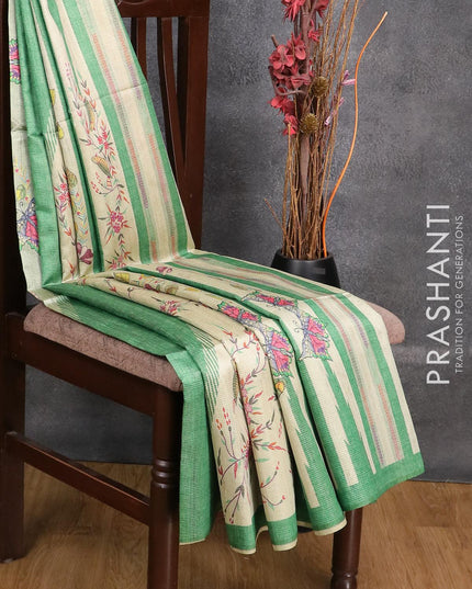 Chappa saree green and beige with allover zari weave & floral prints and simple border - {{ collection.title }} by Prashanti Sarees