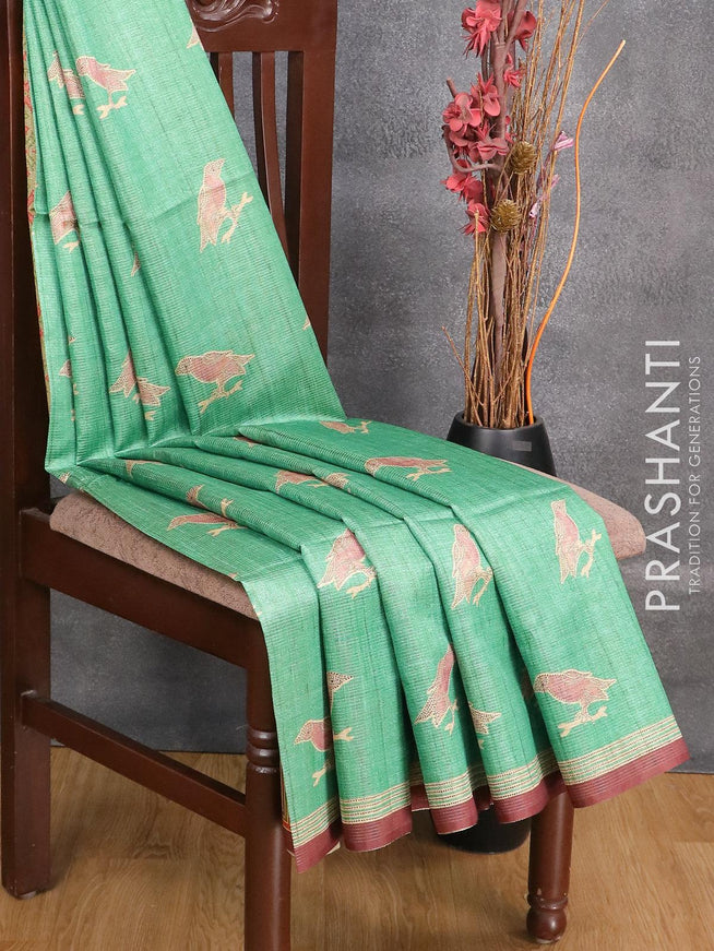Chappa saree green and deep maroon with allover zari weaves & butta prints and simple border - {{ collection.title }} by Prashanti Sarees