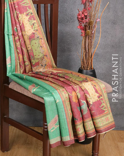 Chappa saree green and deep maroon with allover zari weaves & butta prints and simple border - {{ collection.title }} by Prashanti Sarees