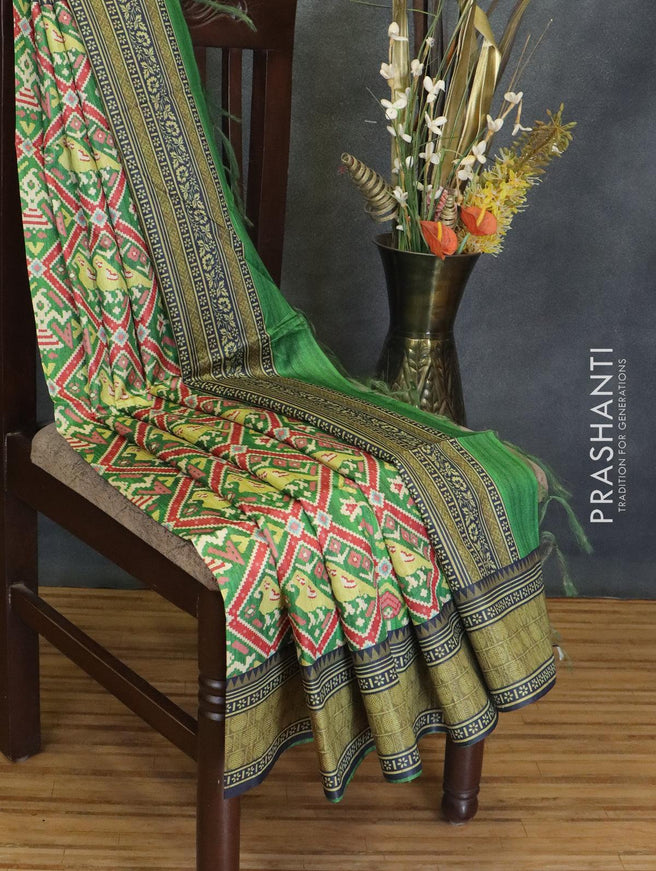 Chappa saree green and navy blue with allover ikat prints and printed border - {{ collection.title }} by Prashanti Sarees