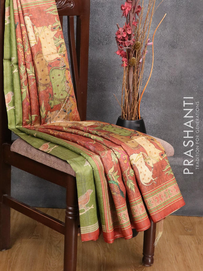 Chappa saree green and rust shade with allover zari weaves & butta prints and simple border - {{ collection.title }} by Prashanti Sarees