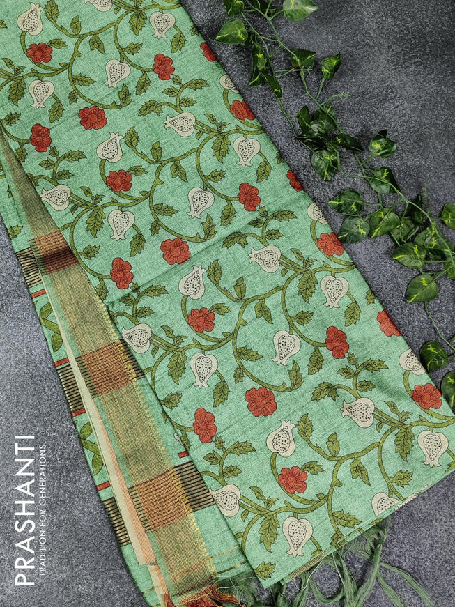 Chappa saree green with allover floral prints and zari woven border - {{ collection.title }} by Prashanti Sarees
