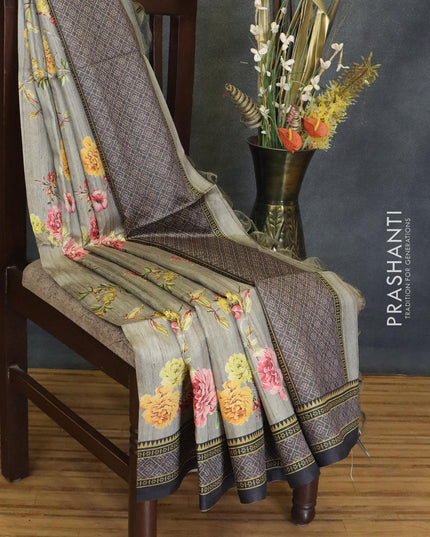 Chappa saree grey and black with allover floral prints and printed border - {{ collection.title }} by Prashanti Sarees