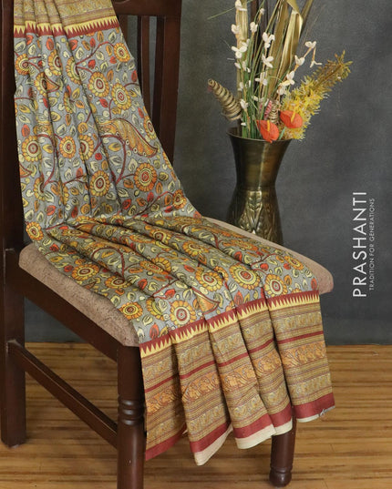 Chappa saree grey and deep maroon with allover kalamkari prints and printed border - {{ collection.title }} by Prashanti Sarees