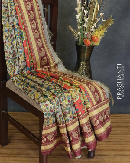 Chappa saree grey and maroon with allover kalamkari prints and printed border - {{ collection.title }} by Prashanti Sarees
