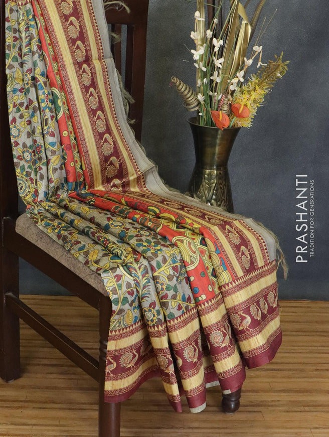 Chappa saree grey and maroon with allover kalamkari prints and printed border - {{ collection.title }} by Prashanti Sarees
